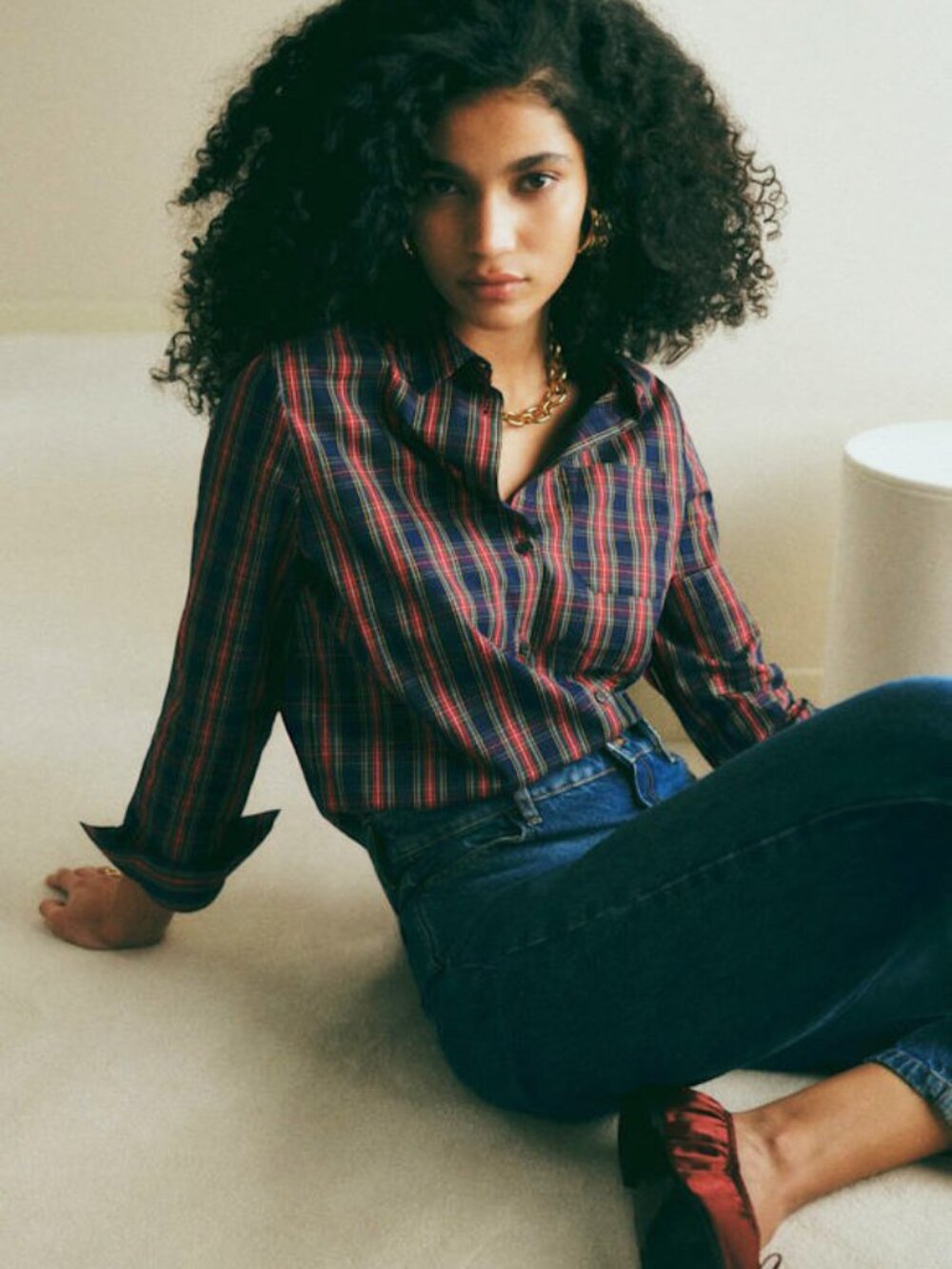 New Sezane Tomboy 100% Cotton Tartan Shirt Navy Red Green 34, 2, XS